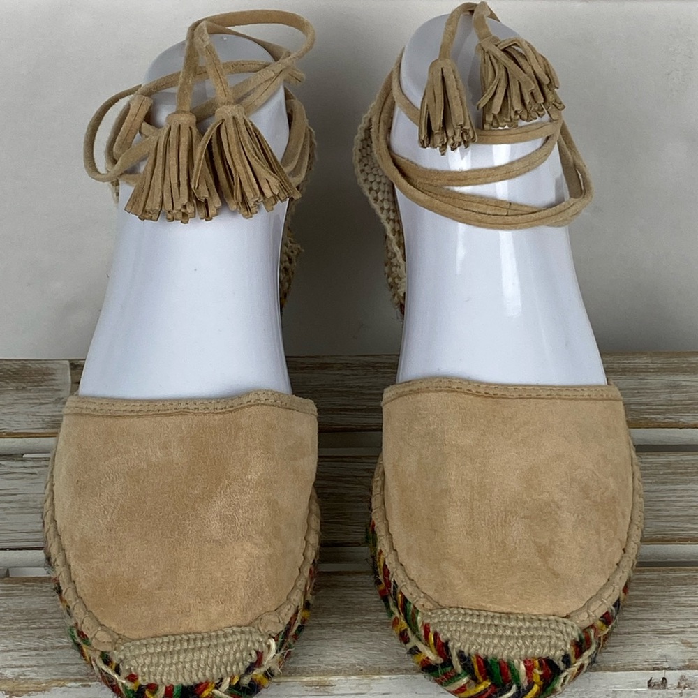 J. Crew Baja desert canyon Suede Flat Espadrilles Sz 9 Lace Up Ankle Ties Beige - Picture 5 of 12